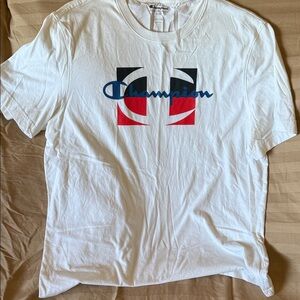 Champion White Tee with Blue and Red Logo